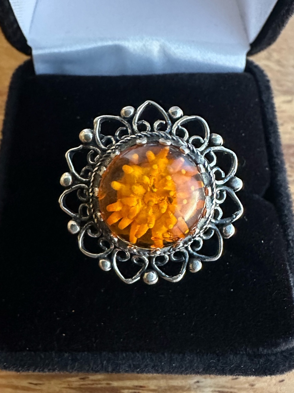 🎁 Vintage Silver Amber Flower Cabochon Filigree Statement Ring Size 5